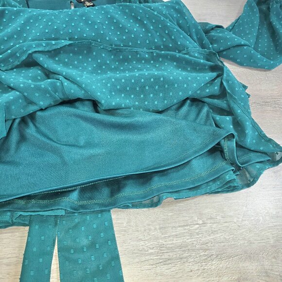 Green Polkadot Dress Sz XL A Line Chiffon Long Sleeve Flowy V Neck Tiered Mini - Picture 7 of 9